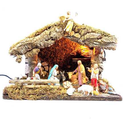 Capanna per presepe con luce e Natività 10 cm Landi